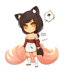 Rule 34 | 1girl, absurdres, ahri (league of legends), animal ears, bare shoulders, black hair, blush, breasts, brown eyes, chibi, cleavage, detached sleeves, fox ears, fox tail, highres, league of legends, long hair, looking at viewer, multiple tails, solo, tail
