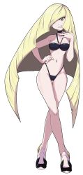 Rule 34 | 1girl, absurdres, alternate costume, bare arms, bikini, black bikini, black choker, blonde hair, breasts, choker, cleavage, commentary, creatures (company), crossed legs, english commentary, full body, game freak, green eyes, grin, hair over one eye, hand on own hip, hand up, high heels, highres, knees, long hair, looking at viewer, lusamine (pokemon), navel, nintendo, oni-sanart, pokemon, pokemon (anime), pokemon sm049, pokemon sm (anime), shiny skin, smile, solo, standing, swimsuit, thigh gap, transparent background, very long hair, white footwear