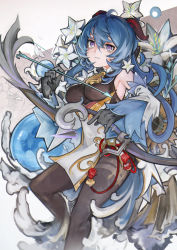 Rule 34 | 1girl, absurdres, arrow (projectile), black bodysuit, black gloves, black legwear, blue hair, bodystocking, bodysuit, bow (weapon), commentary request, detached sleeves, feet out of frame, flower, ganyu (genshin impact), genshin impact, gloves, goat horns, hair between eyes, highres, holding, holding arrow, holding bow (weapon), holding weapon, horns, jumbowhopper, long hair, parted lips, purple eyes, solo, vision (genshin impact), weapon, white flower