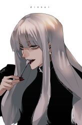 Rule 34 | 1girl, commentary, english text, food in mouth, grey eyes, grey hair, highres, holding, holding spoon, hoshi san 3, long hair, nail polish, open mouth, original, red nails, simple background, solo, spoon, upper body, white background
