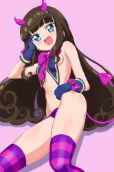 Rule 34 | 1girl, :d, arm support, bare shoulders, blue eyes, blue gloves, blush, bow, breasts, brown hair, commentary request, curly hair, demon girl, demon horns, demon tail, fang, gloves, horns, kurosu aroma, long hair, lying, navel, on side, open mouth, panties, pink background, pretty series, pripara, purple bow, purple panties, sideboob, sincos, small breasts, smile, solo, striped clothes, striped thighhighs, tail, thighhighs, thighs, underwear, very long hair