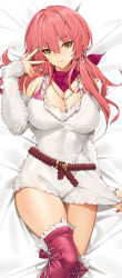 Rule 34 | 1girl, bed sheet, belt, boots, breasts, brown eyes, commentary, dakimakura (medium), detached sleeves, dress, earrings, english commentary, fur-trimmed boots, fur trim, green nails, hair between eyes, highres, hoop earrings, idolmaster, idolmaster cinderella girls, inward v, jewelry, jougasaki mika, large breasts, long hair, looking at viewer, lying, mixed-language commentary, multicolored nails, nail polish, necklace, on back, pink footwear, pink hair, red nails, smile, solo, thigh boots, thighhighs, tony guisado, white dress