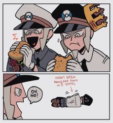 Rule 34 | 2boys, 2koma, :i, black headwear, brand name imitation, brothers, burger, burger king, burger malfunction, caffstrink, closed mouth, comic, commentary, creatures (company), crown, eating, emmet (pokemon), english text, facial hair, fast food, food, game freak, gloves, goatee, grey eyes, hat, holding, holding food, ingo (pokemon), looking at another, lying, male focus, multiple boys, nintendo, on side, open mouth, peaked cap, pokemon, pokemon bw, pokemon legends: arceus, siblings, smile, speech bubble, stomach ache, twins, white gloves, white headwear