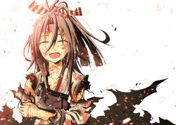 Rule 34 | 1girl, akane harurou, blood, blood on clothes, blood on face, closed eyes, crying, hachimaki, hair between eyes, hair ribbon, headband, high ponytail, holding own arm, japanese clothes, kantai collection, light brown hair, long hair, long sleeves, open mouth, ponytail, ribbon, smile, solo, tears, torn clothes, upper body, white background, zuihou (kancolle)