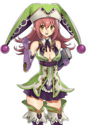 Rule 34 | 1girl, :d, absurdres, bare shoulders, book, boots, breasts, brown hair, cleavage, cleavage cutout, clothing cutout, dragon maker, elbow gloves, gaou (umaiyo puyoman), gloves, hat, highres, long hair, looking at viewer, open mouth, pleated skirt, pointy ears, red hair, simple background, skirt, smile, solo, thigh boots, thighhighs, white background, yellow eyes