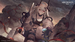 Rule 34 | 1girl, 2others, absurdres, arknights, big bob (arknights), black shirt, blue flower, breasts, chainsaw, cloud, cloudy sky, coat, copyright name, crop top, demon horns, english text, eye trail, flower, from below, golem, hair ornament, hammer, helmet, highres, holding, holding hammer, horns, infection monitor (arknights), large breasts, light trail, material growth, midriff, mountain, mudrock (arknights), mudrock (elite ii) (arknights), mudrock colossus (arknights), multiple others, navel, official art, on one knee, open clothes, open coat, oripathy lesion (arknights), outdoors, pants, red eyes, shirt, sky, smile, umiu geso, watermark, white coat, white pants