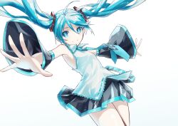 Rule 34 | 1girl, aqua eyes, aqua hair, aqua necktie, arms at sides, bare shoulders, black skirt, black sleeves, breasts, closed mouth, collared shirt, commentary, cowboy shot, detached sleeves, english commentary, floating hair, gradient background, hair between eyes, hair ornament, hatsune miku, highres, long hair, looking at viewer, necktie, open hands, outstretched arms, pleated skirt, shirt, skirt, sleeveless, sleeveless shirt, small breasts, smile, solo, spread arms, twintails, very long hair, vocaloid, wide sleeves, yohki