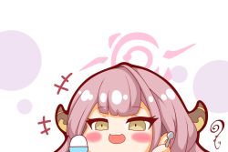 Rule 34 | +++, 1girl, :d, aru (blue archive), blue archive, blush stickers, bowl, brown eyes, brown hair, chibi, curled horns, food, halo, hand up, highres, holding, holding spoon, horns, kurukurumagical, open mouth, shaved ice, smile, solo, spoon, translation request, white background