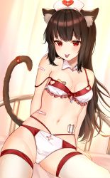 Rule 34 | 1girl, adapted costume, animal ears, bandaid, bandaid on arm, bandaid on stomach, bandaids on nipples, bikini, breasts, brown hair, cat ears, cat tail, commentary request, detached collar, frilled bikini, frills, hat, heart, highres, katsushika pachi, layered bikini, long hair, looking at viewer, medium breasts, navel, nurse cap, original, pasties, red eyes, solo, strap slip, swimsuit, tail, thighhighs, tongue, tongue out, white thighhighs