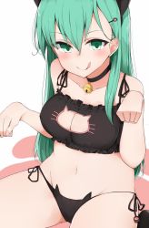 Rule 34 | 10s, 1girl, animal ears, bare shoulders, blush, breasts, cat ears, cat lingerie, cleavage, cleavage cutout, clothing cutout, cole (coleltu), green eyes, green hair, kantai collection, long hair, looking at viewer, matching hair/eyes, meme attire, navel, sitting, smile, solo, suzuya (kancolle), tongue, tongue out