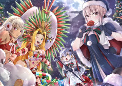 Rule 34 | 4girls, :d, :o, absurdres, ahoge, altera (fate), altera the santa (fate), artoria pendragon (all), artoria pendragon (fate), bell, bikini, black dress, black santa costume, blonde hair, box, breasts, candy, candy cane, capelet, christmas, christmas tree, cleavage, commentary request, dark-skinned female, dark skin, dress, elbow gloves, facial mark, fate/grand order, fate (series), food, frown, fur-trimmed capelet, fur trim, gift, gift box, gloves, green eyes, hat, headdress, headpiece, highres, huge filesize, jeanne d&#039;arc (fate), jeanne d&#039;arc alter santa lily (fate), large breasts, long hair, looking at viewer, multiple girls, muyoshito, night, one eye closed, open mouth, pale skin, quetzalcoatl (fate), quetzalcoatl (samba santa) (fate), red bikini, red eyes, santa alter, santa costume, santa hat, short hair, silver hair, smile, snow, star (symbol), swimsuit, very long hair, yellow eyes, yoshito (muyoshito207)