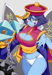 Rule 34 | 1girl, :3, arm out of sleeve, ball and chain (weapon), blue skin, blush stickers, breasts, chain, chinese clothes, claw (weapon), cleavage, cleavage cutout, closed mouth, clothing cutout, colored skin, cowboy shot, female focus, flowers-imh, gradient background, grey background, hair between eyes, hair flaps, hands up, happy, hat, highres, holding, holding weapon, jiangshi, large breasts, lei lei, long sleeves, looking at viewer, navel, no pants, ofuda, orange eyes, panties, purple hair, purple hat, purple shirt, purple sleeves, qingdai guanmao, shiny skin, shirt, short hair, sidelocks, simple background, smile, solo, spiked ball, standing, thick thighs, thighs, translation request, underwear, vampire (game), weapon, white panties, wide hips