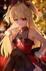 Rule 34 | 1girl, alternate costume, arm up, bell, black choker, black thighhighs, blonde hair, blurry, blurry background, breasts, choker, christmas, christmas tree, commentary, crossed legs, dress, eyepatch, fischl (genshin impact), fishnets, genshin impact, green eyes, hair between eyes, hair ornament, hair over one eye, hand on own hip, highres, long hair, looking at viewer, nasii, neck bell, pink ribbon, red dress, revision, ribbon, sitting, small breasts, smile, thighhighs, twintails