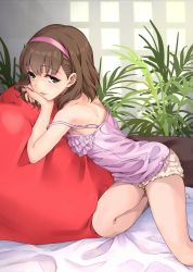 Rule 34 | 10s, 1girl, back, bare legs, barefoot, blue eyes, blush, breasts, brown hair, chemise, commentary, hairband, heart, heart-shaped pillow, highres, idolmaster, idolmaster cinderella girls, looking at viewer, mitsuki32k, own hands together, pillow, plant, sakuma mayu, sitting, small breasts, smile, solo