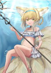 Rule 34 | 1girl, absurdres, air bubble, animal ear fluff, animal ears, arknights, bare shoulders, barefoot, bikini, blonde hair, blue hairband, braid, braided hair rings, bubble, collarbone, commentary request, day, feet out of frame, fox ears, fox girl, fox tail, frilled bikini, frills, green eyes, hair between eyes, hair rings, hairband, highres, holding, holding staff, looking at viewer, multicolored hair, navel, outdoors, parted lips, piennamekuzi, smile, solo, staff, suzuran (arknights), swimsuit, tail, twin braids, two-tone hair, underwater, water, white bikini, white hair