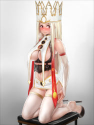 Rule 34 | 1girl, bare shoulders, between breasts, black panties, blush, boots, bouto (paranoia), breasts, breath, bridal gauntlets, buckle, cleavage, closed mouth, crown, fate/zero, fate (series), full body, gradient background, grey background, harness, high heel boots, high heels, irisviel von einzbern, kneeling, large breasts, long hair, looking at viewer, miniskirt, navel, nose blush, panties, pantyshot, raised eyebrows, revision, skindentation, skirt, smile, solo, stool, straight hair, sweat, thigh boots, thighhighs, underwear, very long hair, white footwear, white skirt