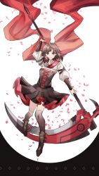 Rule 34 | 1girl, black dress, boots, breasts, brown hair, cape, crescent rose, dress, floating scarf, flower, frilled skirt, frills, grey eyes, highres, holding, holding scythe, light smile, looking at viewer, okurasato, petals, red cape, red flower, red rose, rose, ruby rose, rwby, scarf, scythe, short hair, skirt, small breasts, thighhighs