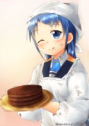 Rule 34 | 1girl, apron, artist name, bandana, blue eyes, blue hair, blush, cake, commentary request, food, holding, holding plate, kantai collection, kappougi, long hair, looking at viewer, mae (maesanpicture), one eye closed, plate, sailor collar, samidare (kancolle), simple background, solo, swept bangs, tongue, tongue out, translation request, very long hair, white background, white headwear