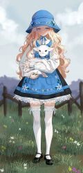 Rule 34 | 1girl, black footwear, blonde hair, blue dress, blue hat, bucket hat, carrying, dress, flower, full body, goat, grass, hat, highres, long hair, looking at viewer, mary janes, original, oto1 030, outdoors, pinafore dress, shirt, shoes, sleeveless, sleeveless dress, thighhighs, very long hair, white shirt, white thighhighs