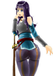Rule 34 | 10s, 1girl, armor, ass, bare shoulders, blue eyes, breastplate, from behind, huge ass, long hair, open mouth, pants, purple hair, sheath, sheathed, simple background, solo, sword, sword art online, tight clothes, tight pants, weapon, yolko (sao), yoruko (sao), yuusuke083124