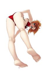 Rule 34 | 1girl, ass, bad id, bad pixiv id, barefoot, bent over, blue eyes, breasts, fate/grand order, fate (series), feet, highres, kneepits, looking at viewer, mordred (fate), mordred (fate/apocrypha), mordred (swimsuit rider) (first ascension) (fate), open mouth, orange hair, red eyes, shimomoto, simple background, soles, solo, toes, white background