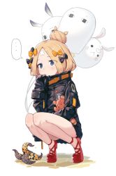 Rule 34 | 1girl, abigail williams (fate), abigail williams (traveling outfit) (fate), balloon, bandaid, bandaid on face, bandaid on forehead, belt, black bow, black jacket, blonde hair, blue eyes, bow, crossed bandaids, fate/grand order, fate (series), forehead, hair bow, hair bun, heroic spirit traveling outfit, high collar, highres, holding, holding balloon, jacket, kokosando, long hair, long sleeves, looking at viewer, multiple hair bows, official alternate costume, orange belt, orange bow, parted bangs, polka dot, polka dot bow, red footwear, single hair bun, sleeves past fingers, sleeves past wrists, solo, squatting, stuffed animal, stuffed toy, teddy bear