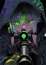 Rule 34 | 1girl, aiming, aiming at viewer, black background, black hoodie, apricot the lich, colored inner hair, eyeshadow, fishnet top, fishnets, gloves, green eyes, green gloves, green hair, grey hair, hair ornament, highres, holding, holding weapon, hood, hood up, hoodie, long sleeves, looking at viewer, makeup, mochimochi 589, multicolored hair, open clothes, open hoodie, purple eyeshadow, scope, short hair, solo, streaked hair, virtual youtuber, vshojo, weapon, x hair ornament