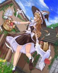 Rule 34 | 1girl, :d, animal, arch, back, bag, basket, bird, black footwear, black hat, black skirt, black vest, blonde hair, blue ribbon, blue sky, bow, braid, brown eyes, building, cloud, day, door, dove, dutch angle, feathers, frills, from behind, from below, grass, hat, hat ribbon, highres, house, kirisame marisa, lace, lace-trimmed skirt, lace trim, leaf, light brown hair, long hair, muireko, mushroom, open mouth, outdoors, plant, profile, puffy short sleeves, puffy sleeves, revision, ribbon, ribbon-trimmed sleeves, ribbon trim, sash, shirt, shoes, short sleeves, single braid, skirt, skirt set, sky, smile, socks, solo, stairs, touhou, tree, upskirt, vest, vines, walking, white bow, white shirt, white socks, window, witch hat, wrist cuffs