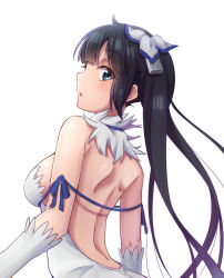 Rule 34 | 10s, 1girl, back, backless outfit, black hair, blue eyes, breasts, dress, dungeon ni deai wo motomeru no wa machigatteiru darou ka, from behind, gloves, hestia (danmachi), highres, large breasts, long hair, looking at viewer, looking back, rariemonn, rei no himo, solo, twintails, white dress, white gloves