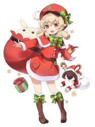 Rule 34 | ahoge, baron bunny (genshin impact), beard, bell, belt, blonde hair, boots, christmas, christmas present, dress, facial hair, genshin impact, gift, hair between eyes, highres, klee (genshin impact), knee boots, low twintails, mearyo, neck bell, neck ribbon, open mouth, pointy ears, red eyes, red headwear, ribbon, santa costume, santa dress, simple background, solo, twintails, white background