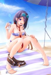 Rule 34 | 1girl, ahoge, ariake (kancolle), barefoot, beach umbrella, between breasts, bikini, blue sky, bottle, breasts, brown shorts, chain, cloud, commentary request, day, eyewear on head, hair over one eye, kantai collection, long hair, looking at viewer, lotion, medium breasts, meihemu, necktie, outdoors, purple bikini, purple eyes, purple hair, red necktie, short shorts, shorts, unworn shorts, sky, solo, sunglasses, sunscreen, swimsuit, umbrella