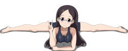 Rule 34 | 1girl, absurdres, bike shorts, black hair, black shorts, black sports bra, blue eyes, blush, breasts, cleavage, closed mouth, collarbone, covered erect nipples, glasses, hair ornament, hairclip, highres, large breasts, long hair, looking at viewer, saitou kaede (yama no susume), shorts, simple background, smile, solo, sports bra, stretching, v, white background, yama no susume