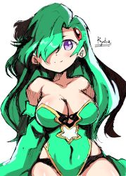 Rule 34 | 1girl, aged up, bare shoulders, breasts, cleavage, closed mouth, detached sleeves, final fantasy, final fantasy iv, green hair, green leotard, hair ornament, hair over one eye, highres, large breasts, leotard, long hair, looking at viewer, rydia (ff4), simple background, smile, solo, white background