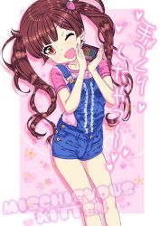 Rule 34 | 1girl, arms up, bad id, bad twitter id, brown eyes, brown hair, chocolate, hair ornament, hairclip, holding, long hair, one eye closed, open mouth, original, overalls, ozzzzy, pink shirt, shirt, short shorts, shorts, smile, solo, twintails