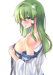 Rule 34 | 1girl, aqua eyes, blush, breasts, censored, collarbone, detached sleeves, frog hair ornament, from side, green hair, hair ornament, hair tubes, highres, kochiya sanae, looking to the side, mukkushi, off shoulder, pointless censoring, simple background, solo, touhou, upper body, white background