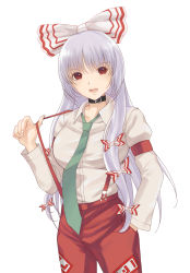 Rule 34 | 1girl, arm garter, bad id, bad pixiv id, belt collar, bow, breasts, collar, collared shirt, fujiwara no mokou, green necktie, hair bow, hand in pocket, highres, large breasts, long hair, long sleeves, looking at viewer, necktie, ofuda, open mouth, pants, puffy long sleeves, puffy sleeves, red eyes, red pants, shirt, simple background, solo, suspenders, suspenders pull, teeth, touhou, very long hair, white background, white bow, white hair, white shirt, x&amp;x&amp;x