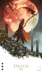 Rule 34 | 1boy, bloodborne, brown cloak, brown headwear, burial blade, cloak, death (tarot), english text, flower, from side, frozensoba, full moon, gehrman the first hunter, gloves, hat, highres, holding, holding scythe, holding weapon, moon, red moon, scythe, standing, tarot, tarot (medium), weapon, white flower