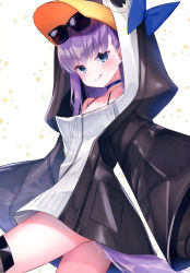 Rule 34 | 1girl, absurdres, animal hood, blue eyes, eyewear on head, fate/grand order, fate (series), highres, hood, licking lips, long hair, meltryllis, meltryllis (fate), meltryllis (swimsuit lancer) (fate), meltryllis (swimsuit lancer) (first ascension) (fate), penguin hood, purple hair, sitting, sleeves past fingers, sleeves past wrists, smile, sunglasses on head, suzuho hotaru, third-party source, tongue, tongue out, very long hair, white background