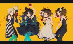 Rule 34 | 4girls, absurdres, akiyama mio, aqua pantyhose, arm behind head, arm up, arm warmers, armpits, back bow, bare arms, bare shoulders, beads, between fingers, black arm warmers, black bow, black dress, black gloves, black hair, black hairband, black pants, black pantyhose, black ribbon, black tank top, blonde hair, blue arm warmers, blue eyes, blue hair, bow, brown eyes, brown hair, closed eyes, closed mouth, commentary, covering own mouth, cowboy shot, don&#039;t say &quot;lazy&quot;, dress, earrings, elbow gloves, eyelashes, flower, flower in mouth, frilled dress, frills, gloves, gradient hair, grey bow, hair bow, hair bun, hair spread out, hairband, high-waist pants, highres, hirasawa yui, ho-kago tea time, holding, holding flower, holding petal, jewelry, k-on!, kotobuki tsumugi, letterboxed, long hair, lying, marking on cheek, multicolored hair, multiple girls, neck ribbon, nyansky, official alternate costume, on back, on side, open mouth, own hands together, pants, pantyhose, petals, red flower, red rose, ribbon, rose, rose petals, short dress, short hair, simple background, single arm warmer, single bare arm, single hair bun, single strap, sleeveless, sleeveless dress, smile, spaghetti strap, sphere earrings, string, string of fate, striped clothes, striped dress, striped pantyhose, tainaka ritsu, tank top, teardrop facial mark, teeth, two-tone arm warmers, two-tone dress, two-tone pantyhose, updo, upper teeth only, vertical-striped clothes, vertical-striped pantyhose, very long hair, white dress, white pantyhose, yellow background