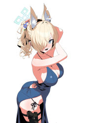 Rule 34 | 1girl, absurdres, adjusting hair, animal ear fluff, animal ears, arched back, ass, backless outfit, black panties, blonde hair, blue archive, blue dress, blue eyes, blush, bomnamul, breasts, butt crack, cleavage, dress, flower, fox ears, gun, hair flower, hair ornament, hair over one eye, halo, halterneck, handgun, highres, holster, kanna (blue archive), large breasts, looking at viewer, open mouth, panties, ponytail, sharp teeth, side-tie panties, side slit, sideboob, simple background, solo, teeth, underwear, weapon, white background