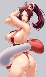 Rule 34 | 1girl, armpits, arms up, ass, back, breasts, brown hair, cowboy shot, curvy, fatal fury, from behind, grey background, hair ribbon, high ponytail, highres, huge ass, huge breasts, japanese clothes, lips, long hair, looking at viewer, looking back, open mouth, parted bangs, ponytail, revealing clothes, ribbon, shiranui mai, sideboob, simple background, smile, snk, snk heroines: tag team frenzy, solo, the king of fighters, thighs, thong, ueda torini, wide hips, yellow eyes