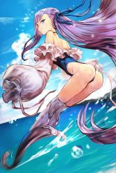 Rule 34 | 1girl, arched back, ass, asymmetrical hair, bare shoulders, blue eyes, blue one-piece swimsuit, blue ribbon, blue sky, boots, choker, cloud, cloudy sky, day, dutch angle, eyelashes, fate/grand order, fate (series), foreshortening, frilled swimsuit, frills, from side, horizon, hungry clicker, long hair, long sleeves, looking at viewer, looking to the side, meltryllis, meltryllis (fate), meltryllis (swimsuit lancer) (fate), meltryllis (swimsuit lancer) (second ascension) (fate), motion blur, ocean, one-piece swimsuit, outdoors, purple hair, ribbon, sky, smile, solo, strapless, swimsuit, very long hair, water, water drop, white footwear