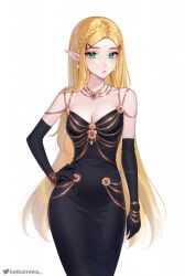 Rule 34 | 1girl, alternate costume, bare shoulders, black dress, black gloves, blonde hair, braid, breasts, cleavage, closed mouth, collarbone, commentary, crown braid, dress, earrings, elbow gloves, english commentary, formal, gloves, green eyes, hair ornament, hairclip, hand on own hip, helloimtea, highres, jewelry, lips, long hair, looking at viewer, medium breasts, necklace, nintendo, pink lips, pointy ears, princess zelda, simple background, solo, strapless, strapless dress, the legend of zelda, the legend of zelda: breath of the wild, twitter username, very long hair, white background