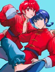 Rule 34 | 1boy, 1girl, absurdres, aqua background, blue eyes, blue hair, braid, braided ponytail, breasts, chinese clothes, cleavage, closed mouth, dual persona, highres, medium breasts, ranma-chan, ranma 1/2, red hair, saotome ranma, simple background, tongue, tongue out, wacz2724 (user wacz2724)