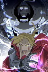 Rule 34 | 2boys, absurdres, alphonse elric, armor, bleeding, blonde hair, blood, blood on face, closed mouth, coat, collarbone, edward elric, electricity, flaming eyes, full armor, fullmetal alchemist, glowing, glowing eyes, highres, hood, hood down, hooded coat, jiki (gkdlfnzo1245), long hair, lower teeth only, male focus, mechanical arms, multiple boys, open mouth, pauldrons, prosthesis, prosthetic arm, purple eyes, red coat, shoulder armor, spiked helmet, spiked pauldrons, teeth, tongue, torn clothes, torn coat, vambraces