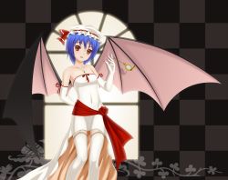 Rule 34 | 1girl, bad id, bad pixiv id, bare shoulders, bat wings, blue hair, elbow gloves, female focus, garter straps, gloves, hat, highres, jewelry, midnight (banyex), pendant, red eyes, remilia scarlet, short hair, slit pupils, solo, thighhighs, touhou, white thighhighs, wings