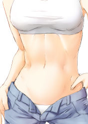 Rule 34 | 1girl, abs, breasts, crop top, hands on own hips, head out of frame, highres, midriff, navel, niwatazumi, open clothes, open fly, original, panties, pants, sketch, solo, tank top, unbuttoned, underwear, unzipped, white panties