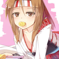 Rule 34 | 10s, 1girl, absurdres, brown hair, chopsticks, food, food in mouth, headband, highres, japanese clothes, kantai collection, long hair, omelet, ponytail, seneto, tamagoyaki, zuihou (kancolle)