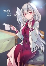 Rule 34 | 1girl, angel wings, arm up, beige jacket, belt, blush, bow, bowtie, breasts, buckle, chair, closed mouth, collared dress, commentary request, commission, crossed legs, cup, dress, eyelashes, feathered wings, holding, holding cup, index finger raised, kishin sagume, knees, large breasts, lips, long sleeves, looking at viewer, onakasuki, purple dress, red bow, red bowtie, red eyes, short hair, sidelocks, silver hair, sitting, skeb commission, smile, solo, steam, table, tablecloth, touhou, wing collar, wings, wooden table
