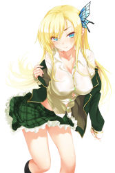 Rule 34 | 10s, 1girl, blonde hair, blue eyes, blush, boku wa tomodachi ga sukunai, breasts, butterfly hair ornament, cleavage, collarbone, coracola, hair ornament, highres, holding, kashiwazaki sena, large breasts, long hair, looking at viewer, off shoulder, plaid, plaid skirt, school uniform, shirt, skirt, smile, solo, undressing, white background